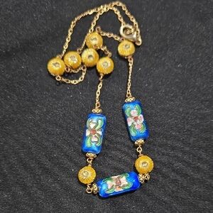 Gold Tone Chinese cloisonné enamel beaded necklace & floral-patterned beads. 15"